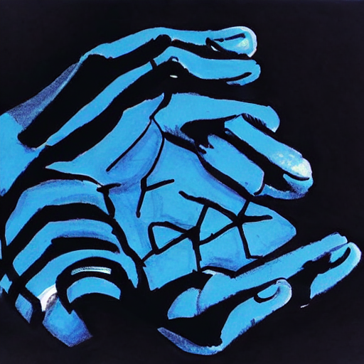 A blue and white drawing of a hand. AI image generated of A blue and white drawing of a hand.