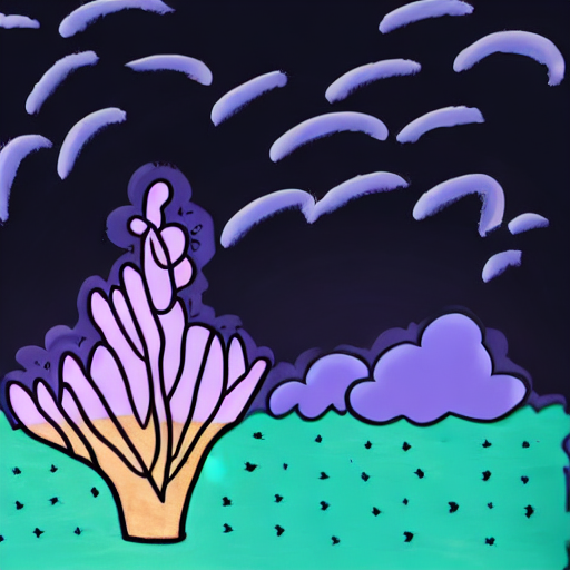 A drawing of a tree with a purple sky and a blue sky with a tree and a cloud. AI image generated of A drawing of a tree with a purple sky and a blue sky with a tree and a cloud.