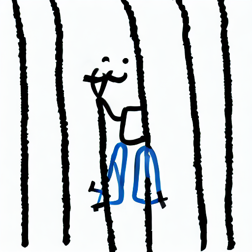 A blue stick figure is standing in a black and white cell. AI image generated of A blue stick figure is standing in a black and white cell.