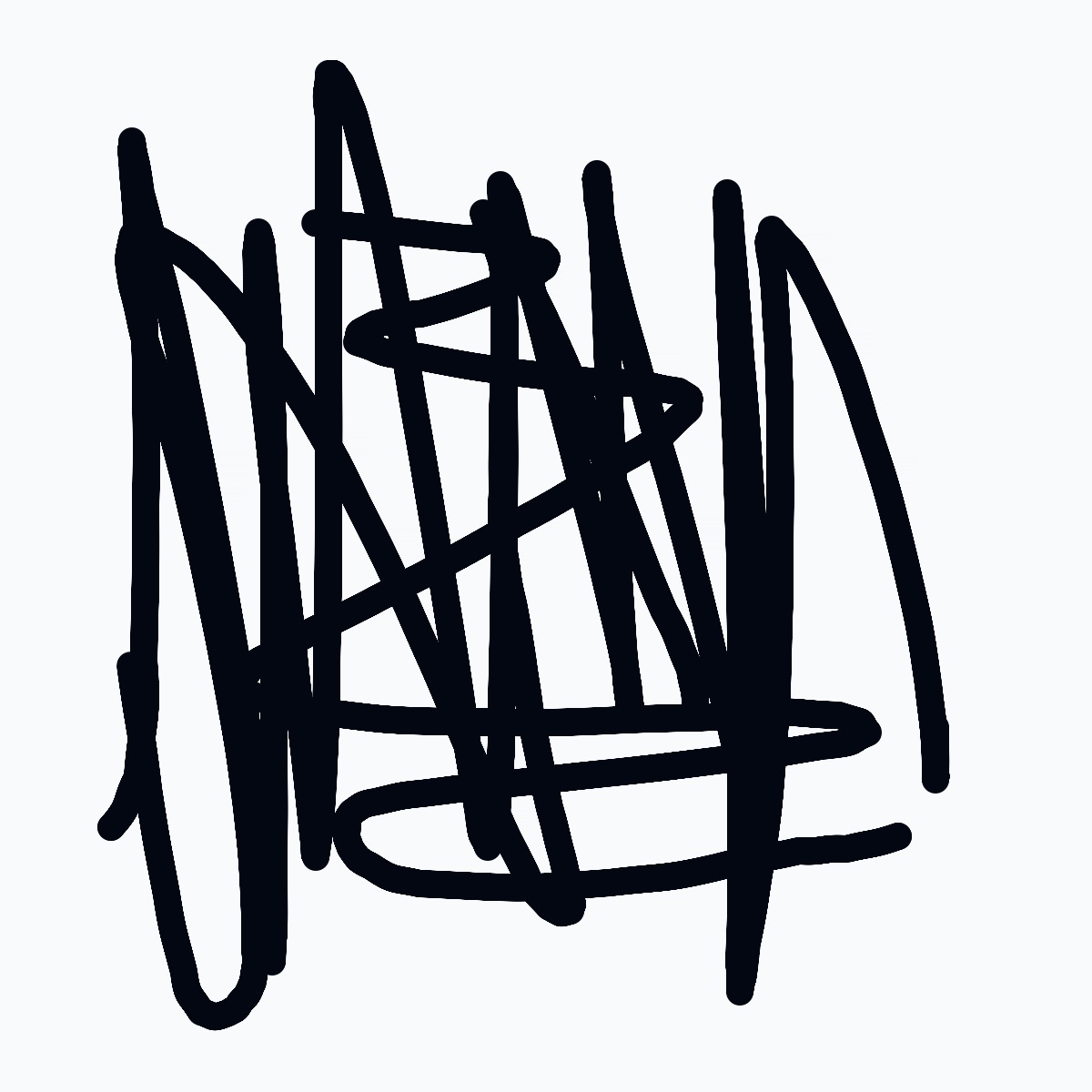 A black and white drawing of a messy, tangled web.