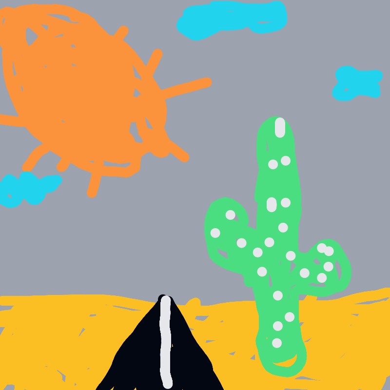 A drawing of a cactus and a sun with a black mountain in the background.