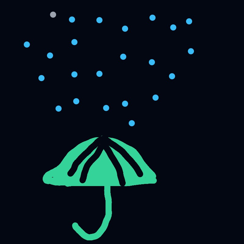 A green umbrella with a black handle is shown in a black and white drawing.