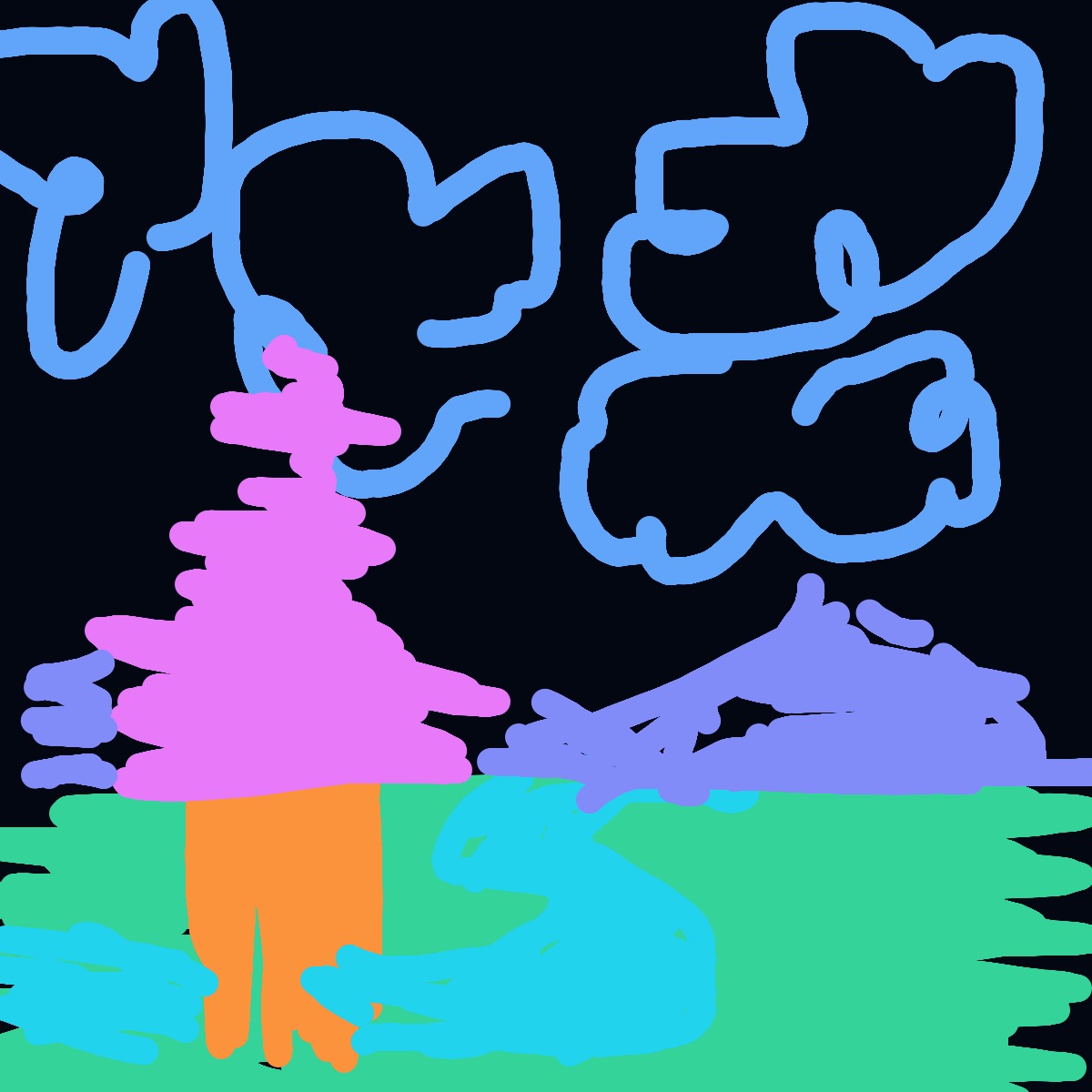 A drawing of a tree with a purple sky and a blue sky with a tree and a cloud.