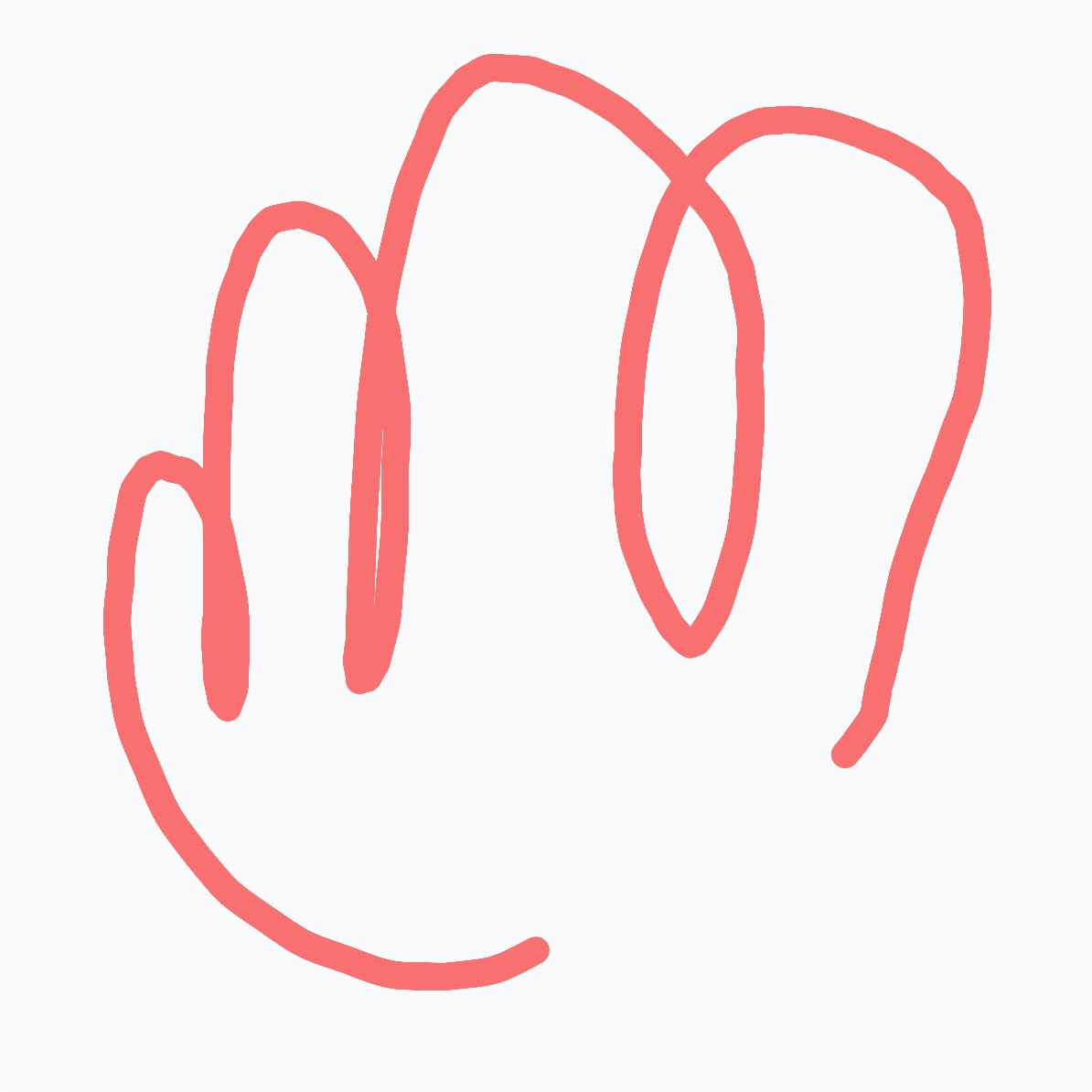 A red hand drawing with a smile on it.