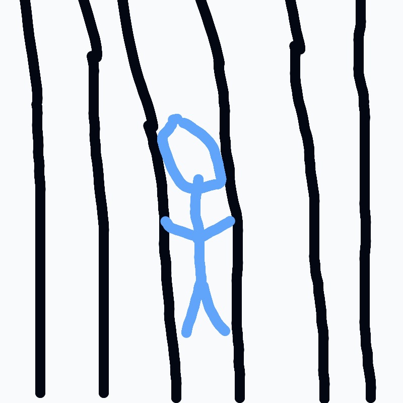 A blue stick figure is standing in a black and white cell.