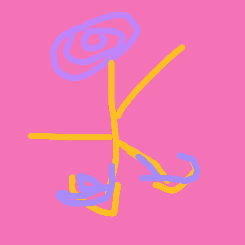 A purple and yellow drawing of a person with a purple flower on their
