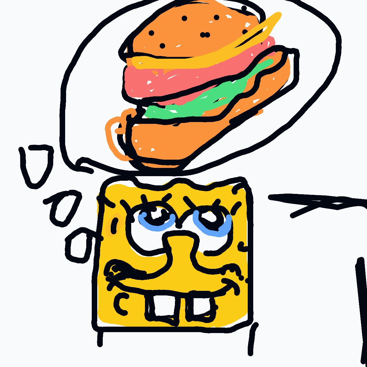 A cartoon drawing of a spongebob character with a sandwich on