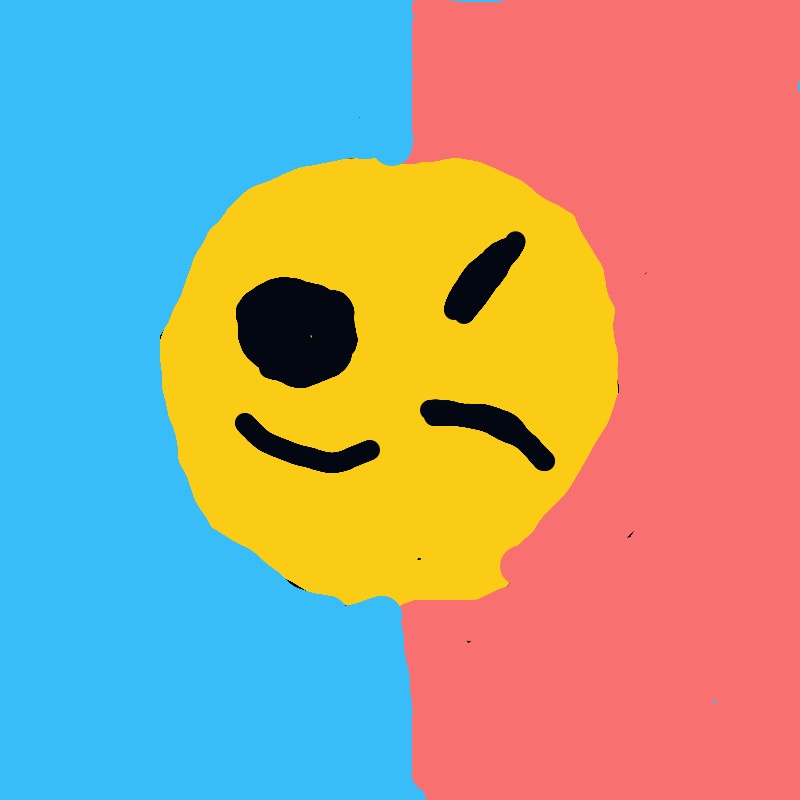 A yellow smiley face with a black eye and a black nose.